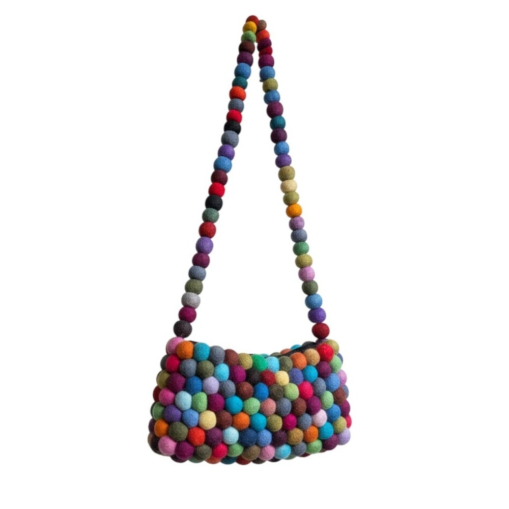 Rising Tide Wool Felt Wool Pom Pom Crossbody Bag Multi Color Nepal Handmade